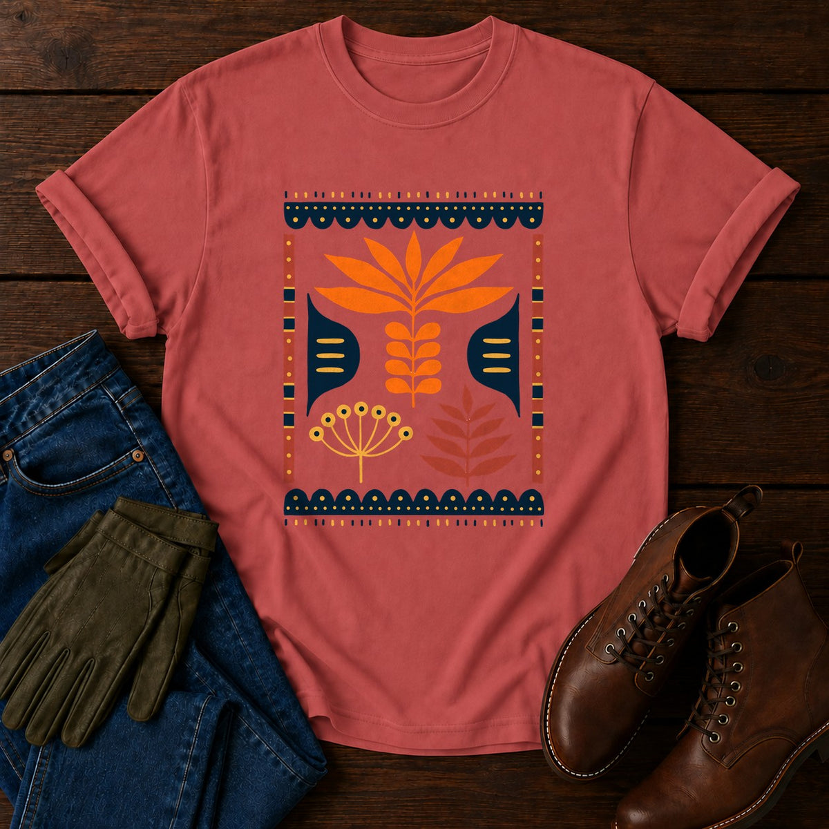 Nordic Herb Panel T-Shirt — Crimson
