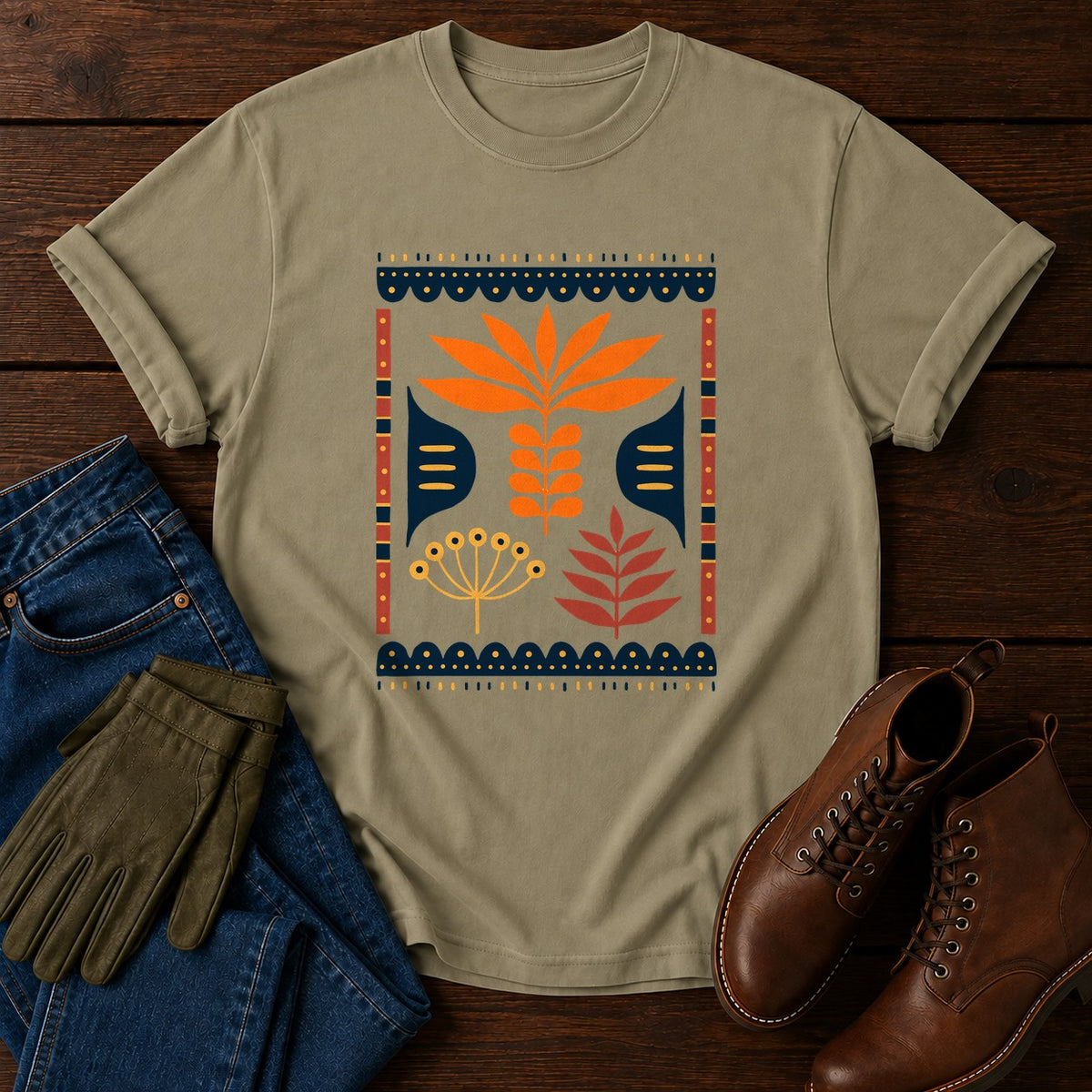 Nordic Herb Panel T-Shirt — Khaki