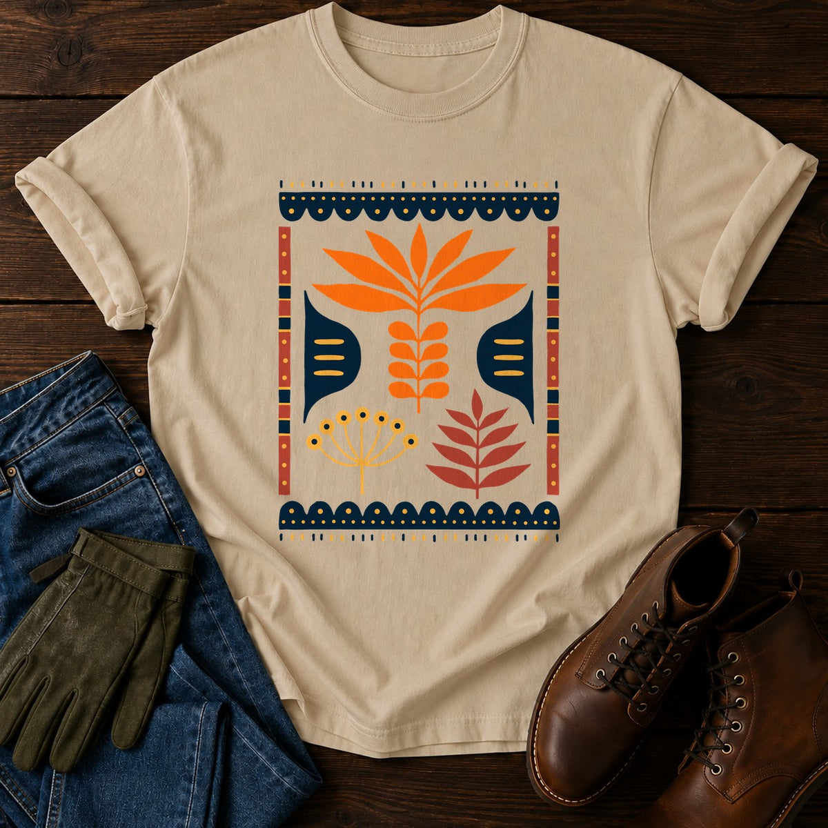 Nordic Herb Panel T-Shirt — Sandstone