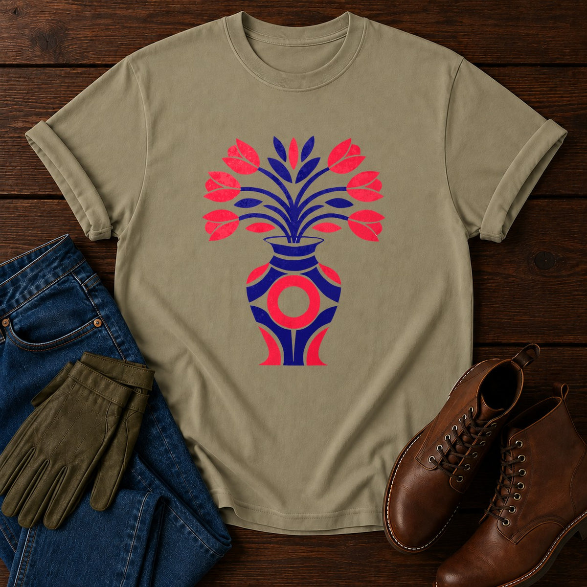 Cut Paper Tulips T-Shirt — Khaki