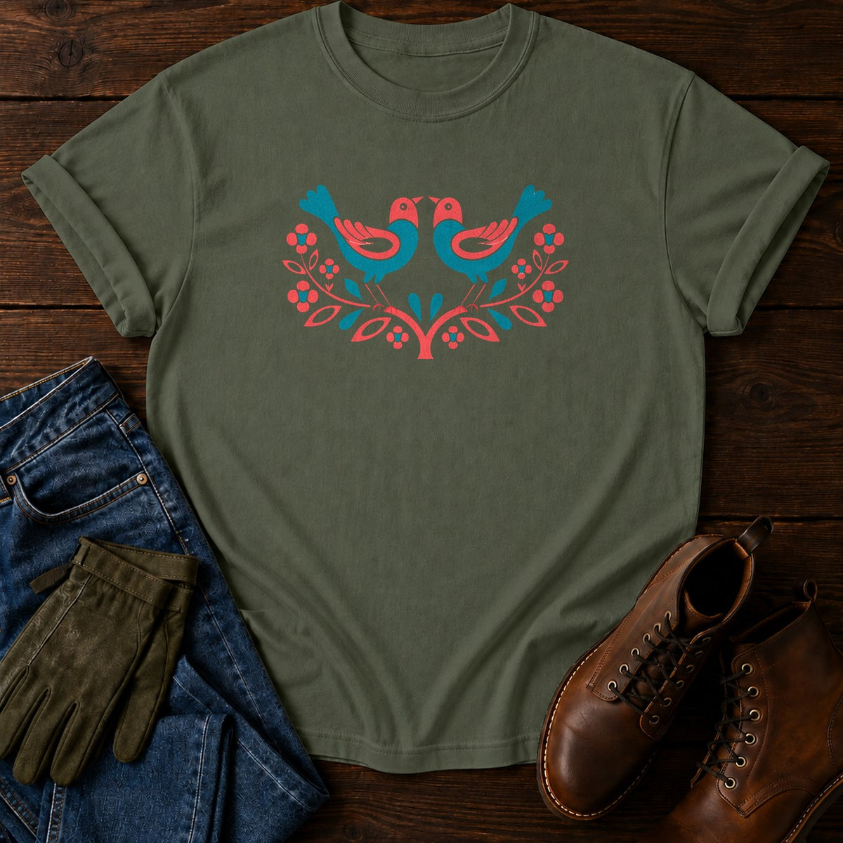 Folk Bird And Branch T-Shirt — Moss