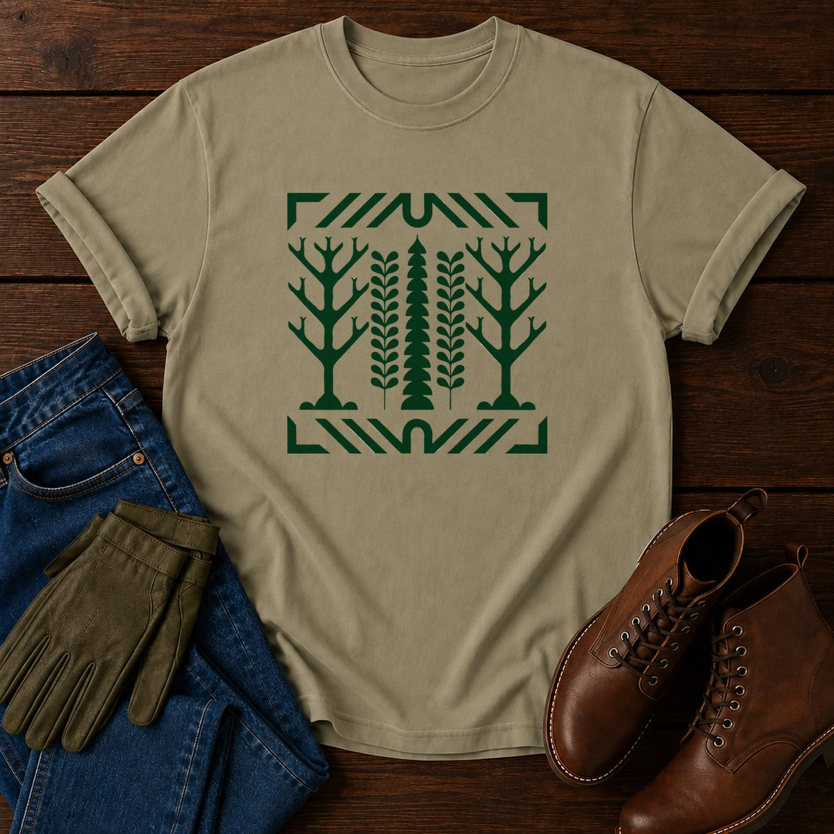 Scandi Pine And Fern T-Shirt — Khaki