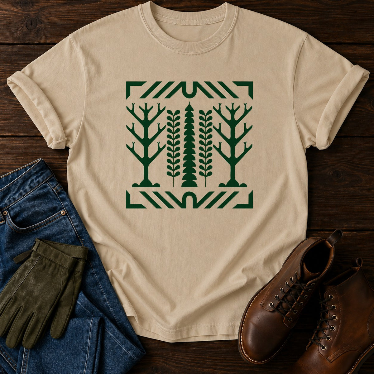 Scandi Pine And Fern T-Shirt — Sandstone