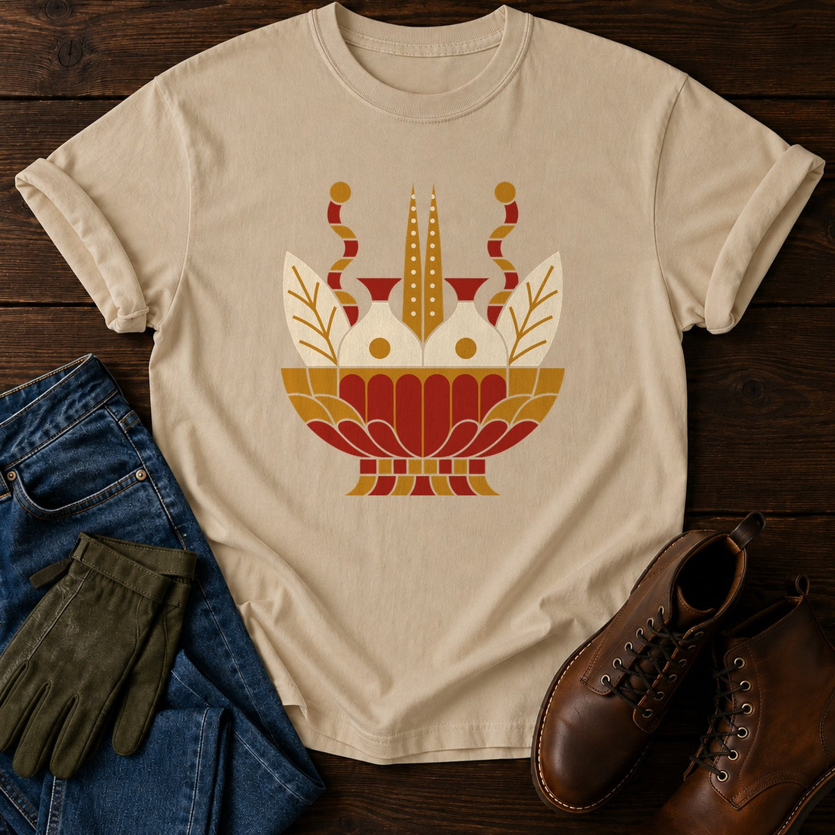Folk Harvest Basket T-Shirt — Sandstone