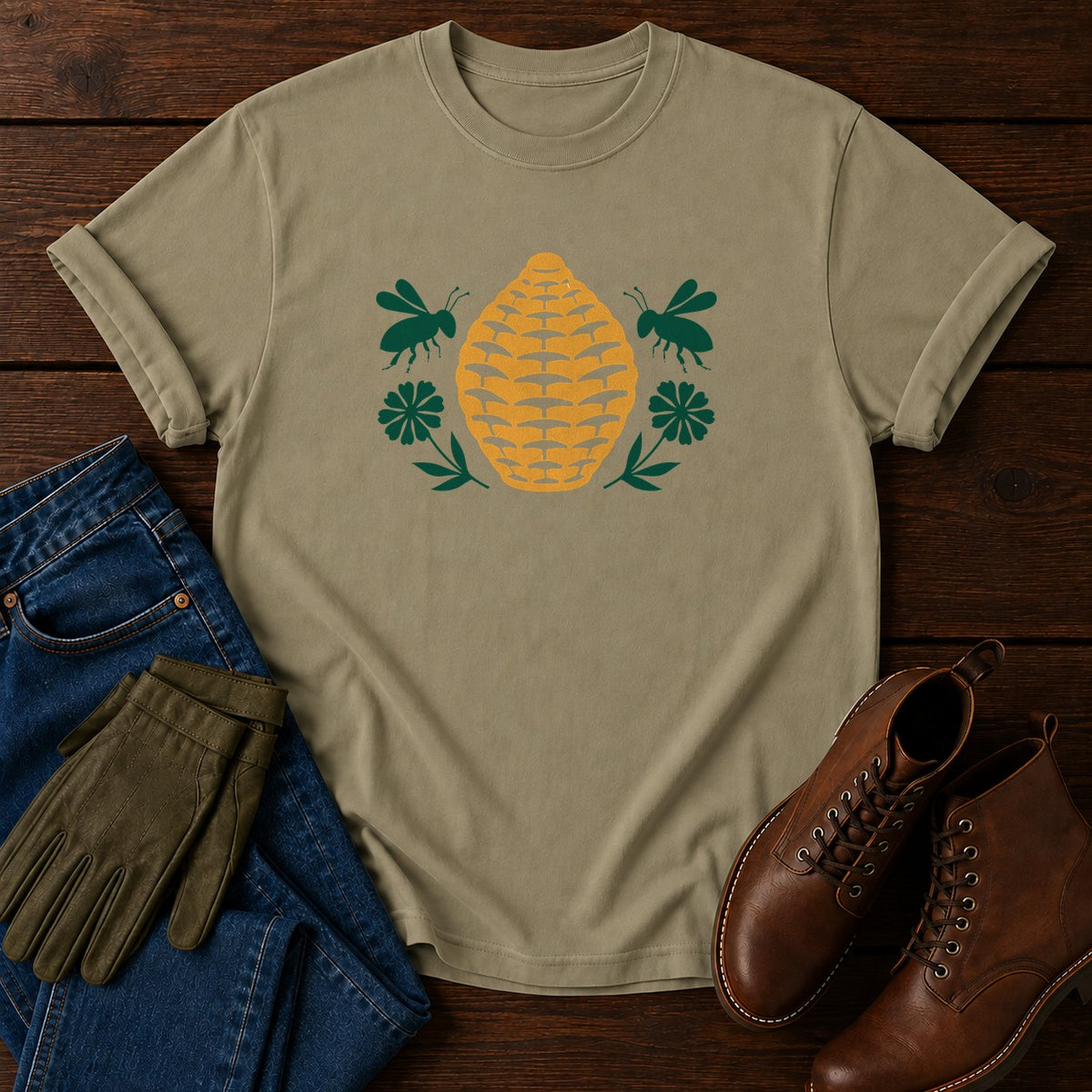 Papercut Beehive T-Shirt — Khaki