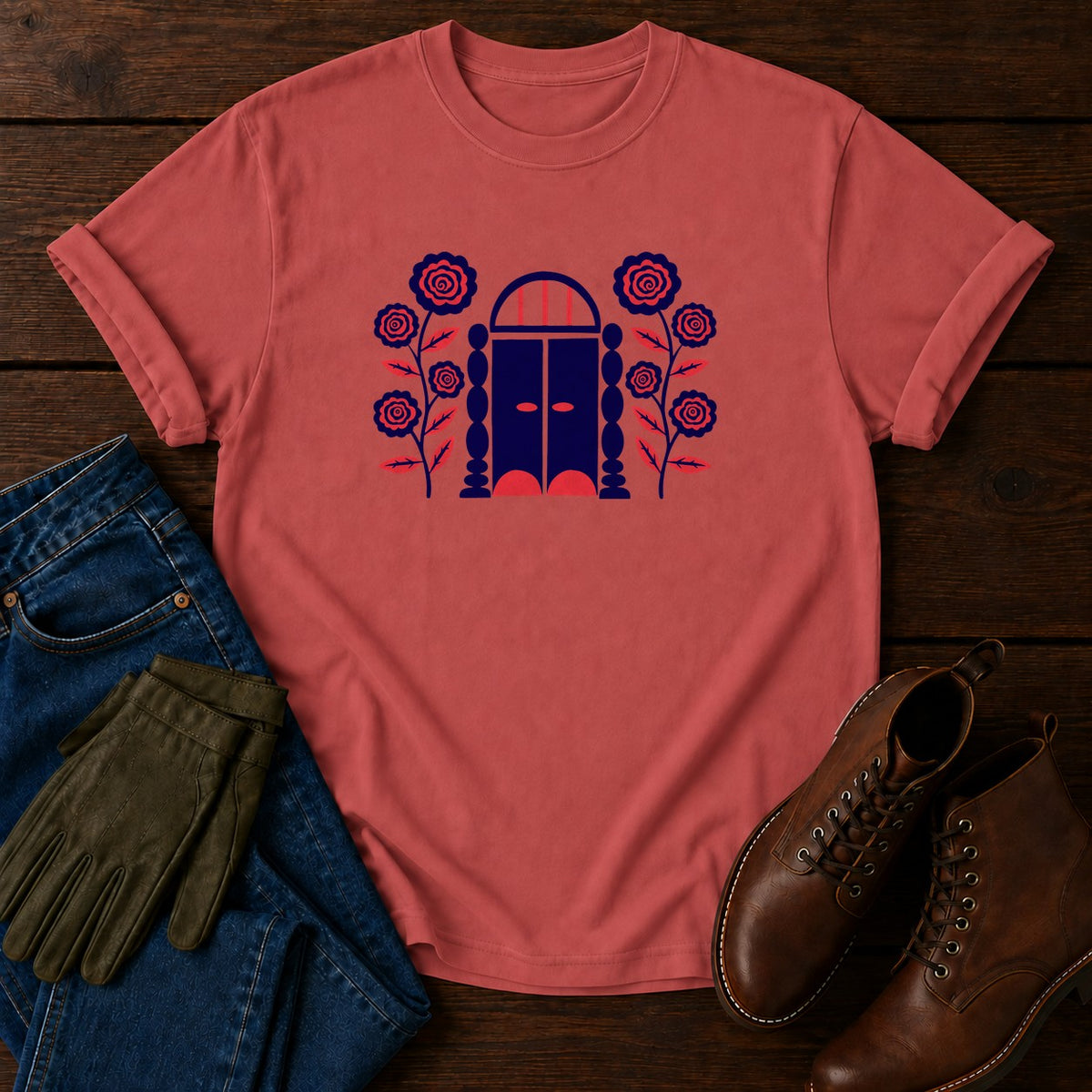 Folk Garden Gate T-Shirt — Crimson