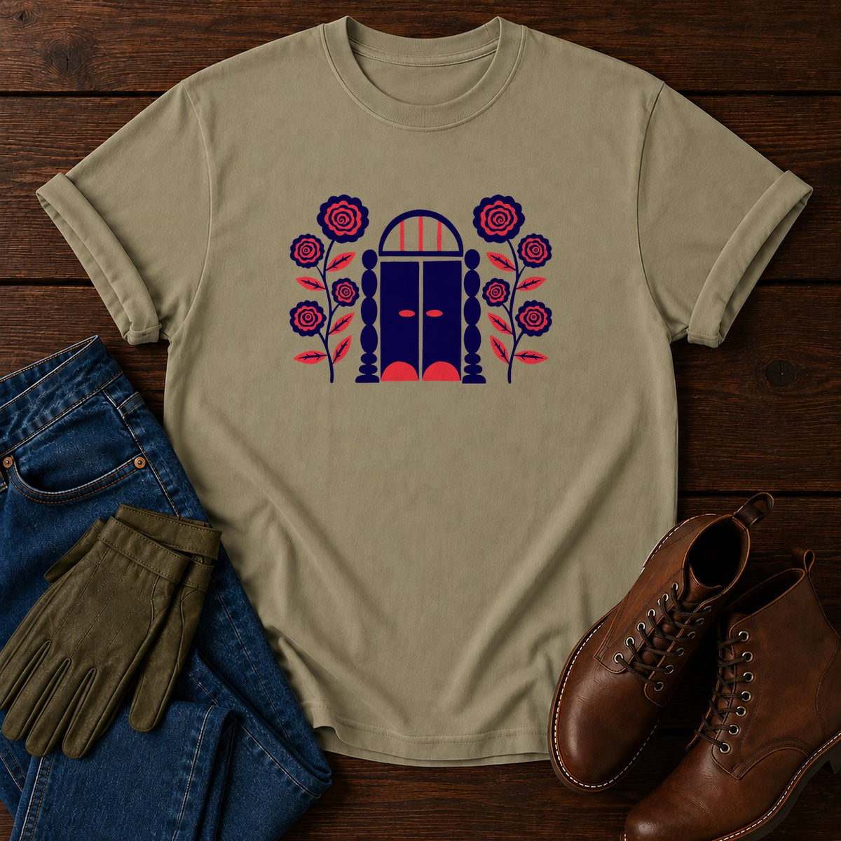 Folk Garden Gate T-Shirt — Khaki