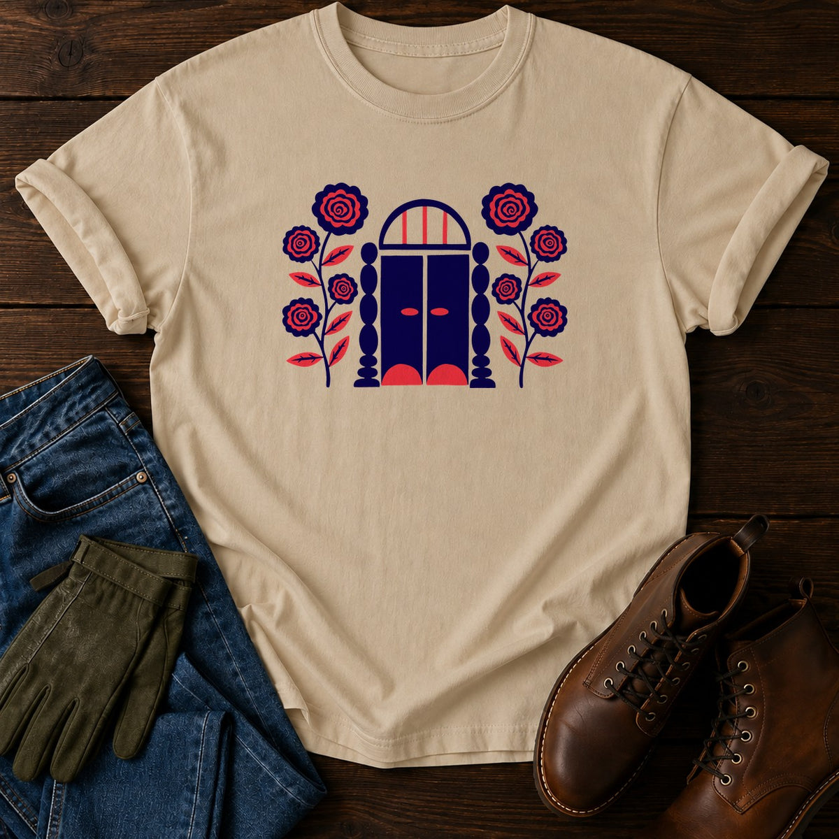 Folk Garden Gate T-Shirt — Sandstone