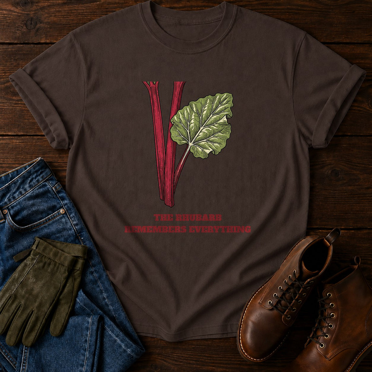 Rhubarb Remembers T-Shirt — Espresso