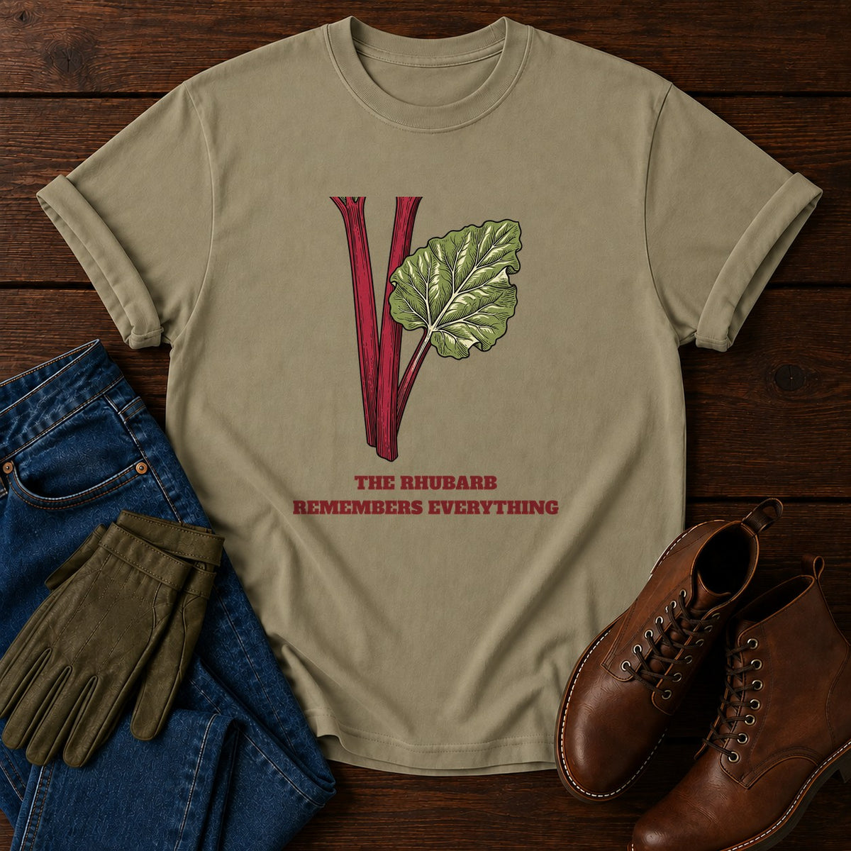 Rhubarb Remembers T-Shirt — Khaki