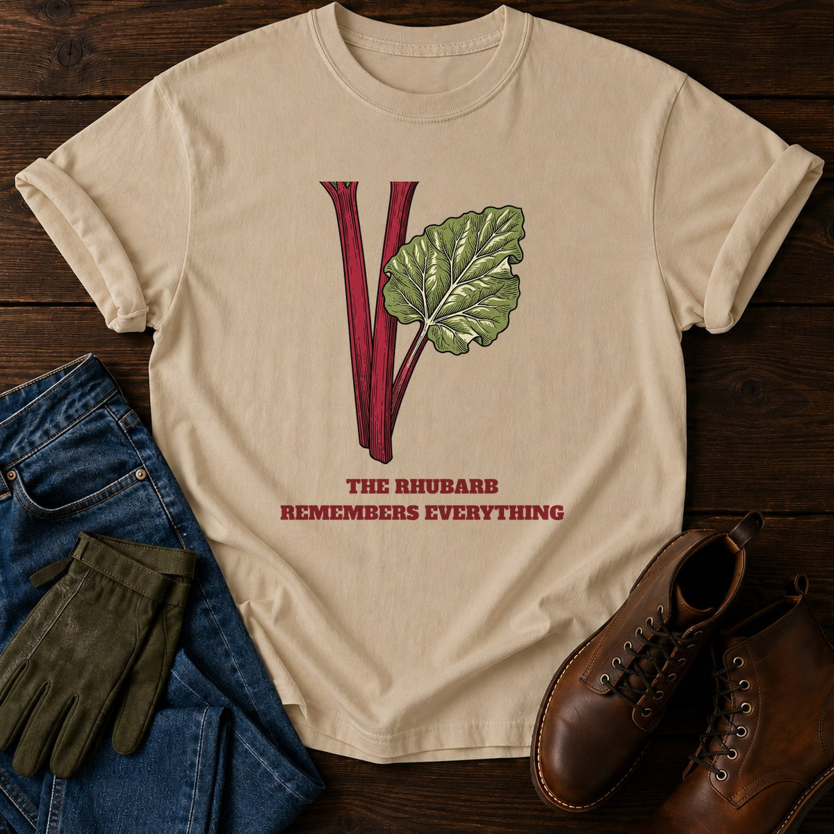 Rhubarb Remembers T-Shirt — Sandstone