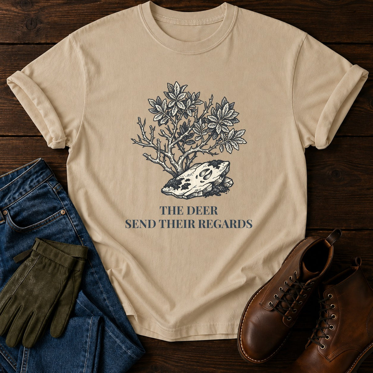 Deer Send Regards T-Shirt — Sandstone