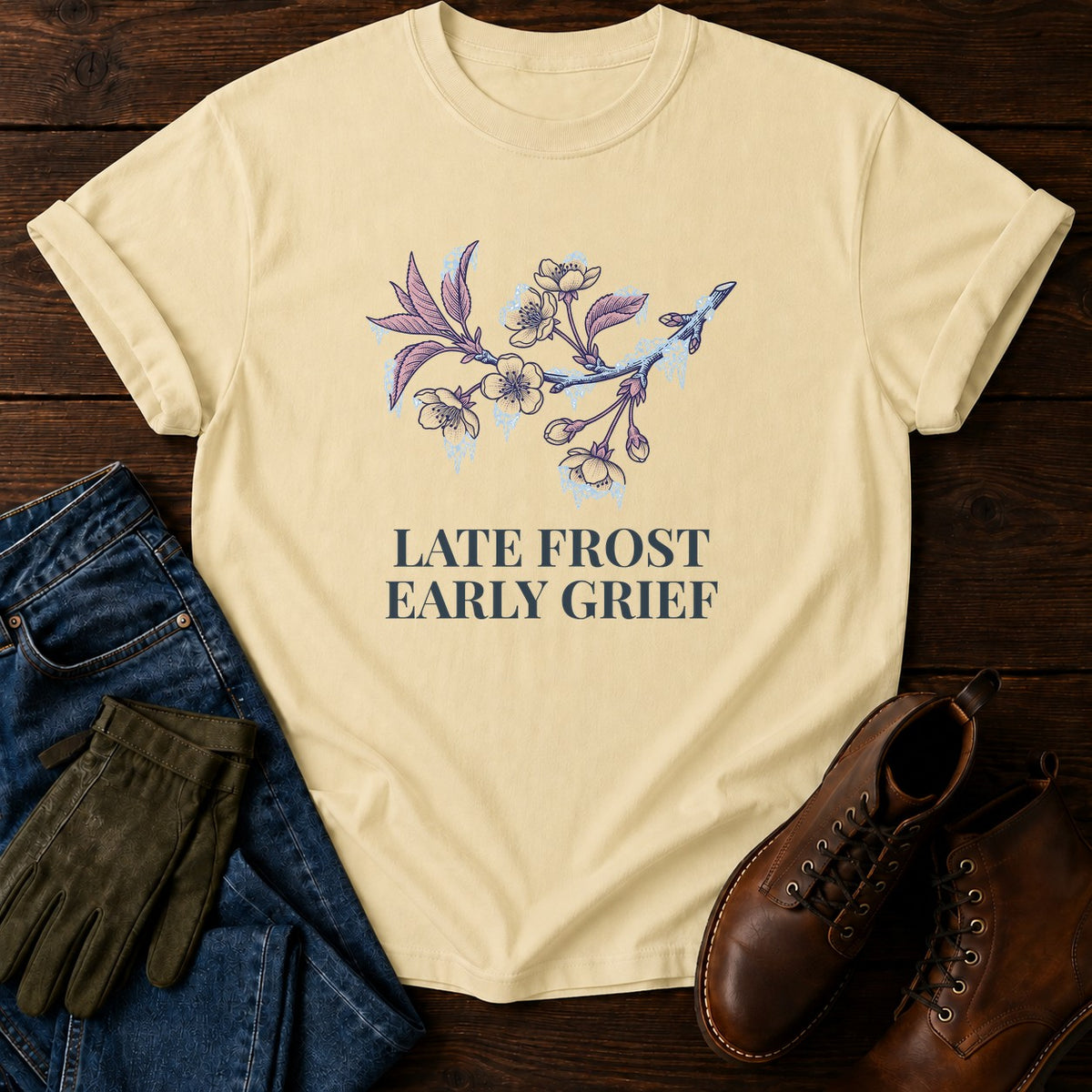 Late Frost Early Grief T-Shirt — Butter