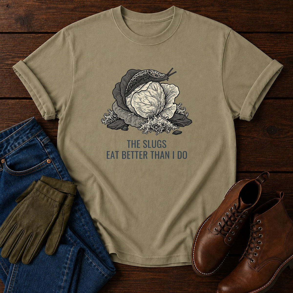 Slugs Eat Better T-Shirt — Khaki