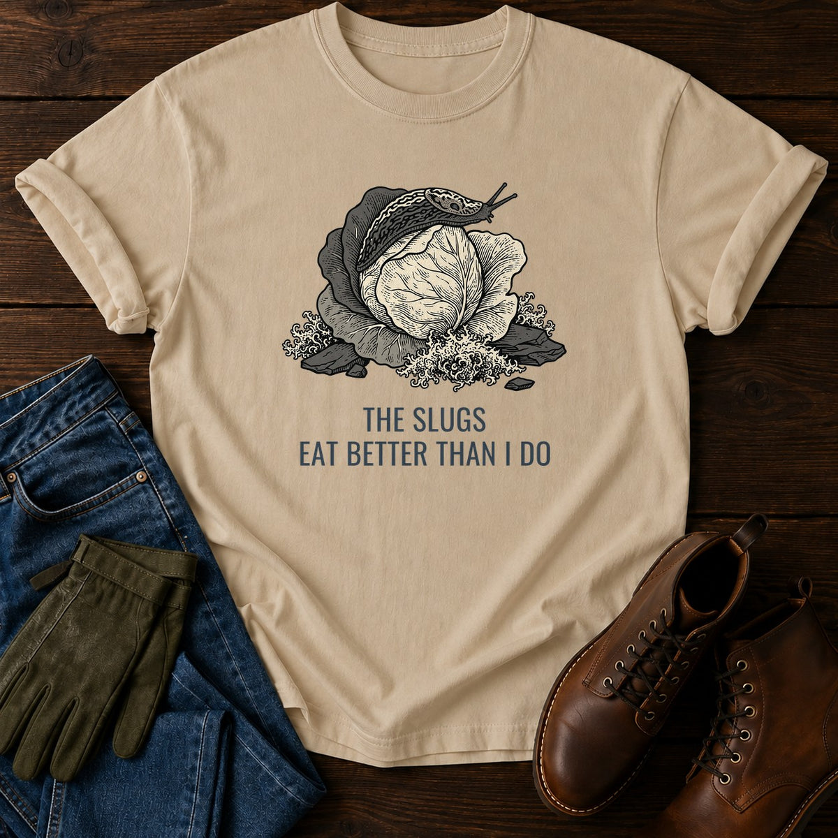Slugs Eat Better T-Shirt — Sandstone