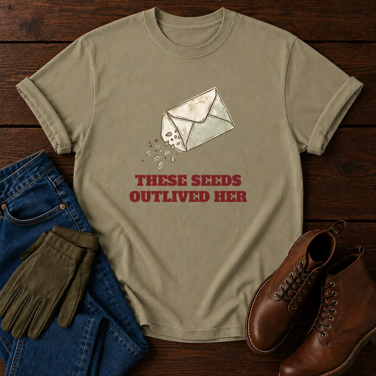 Seeds Outlived Her T-Shirt — Khaki