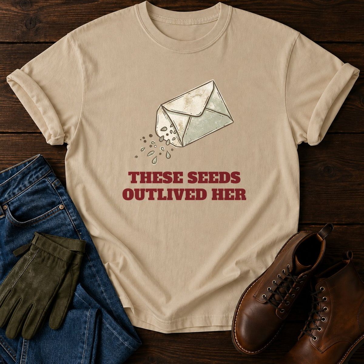 Seeds Outlived Her T-Shirt — Sandstone