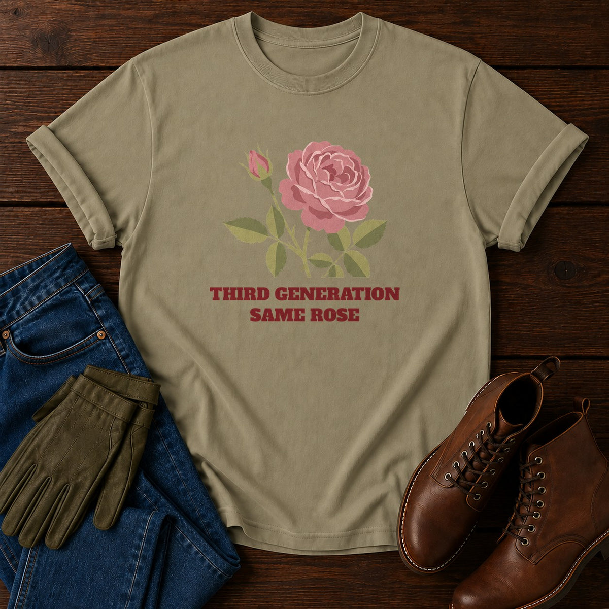 Third Generation Rose T-Shirt — Khaki