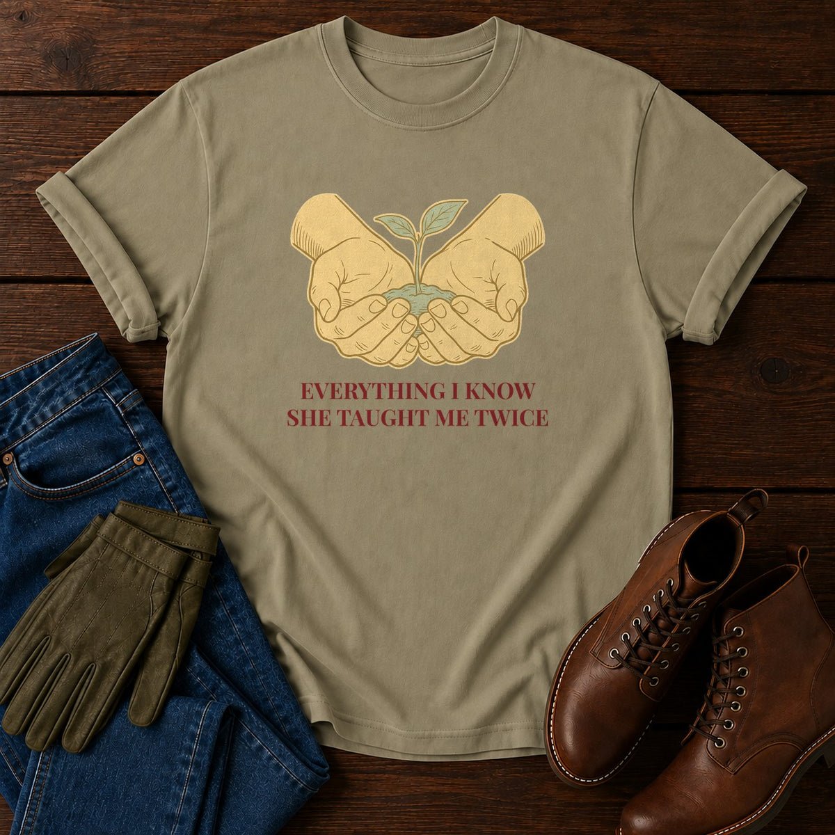 She Taught Me Twice T-Shirt — Khaki