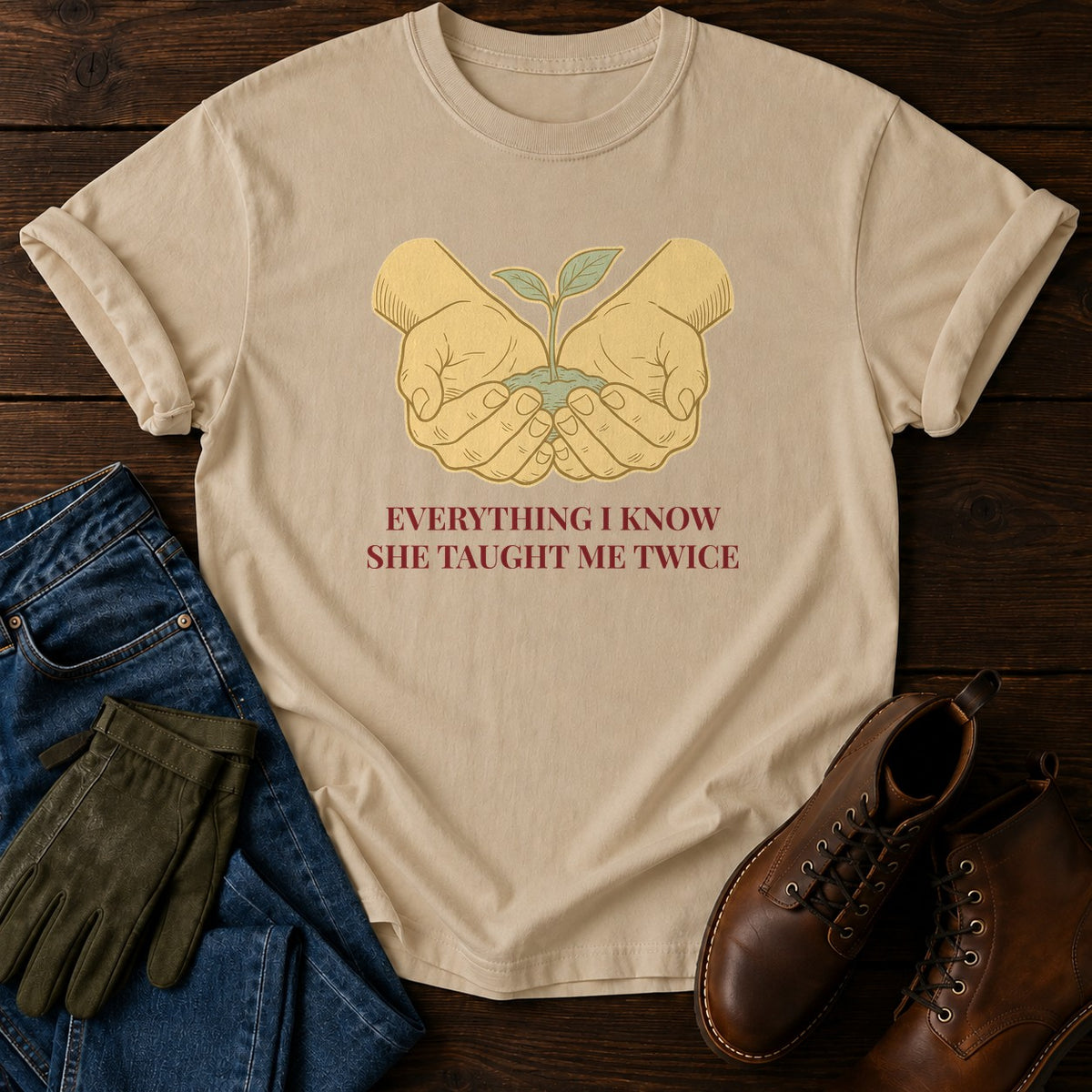 She Taught Me Twice T-Shirt — Sandstone