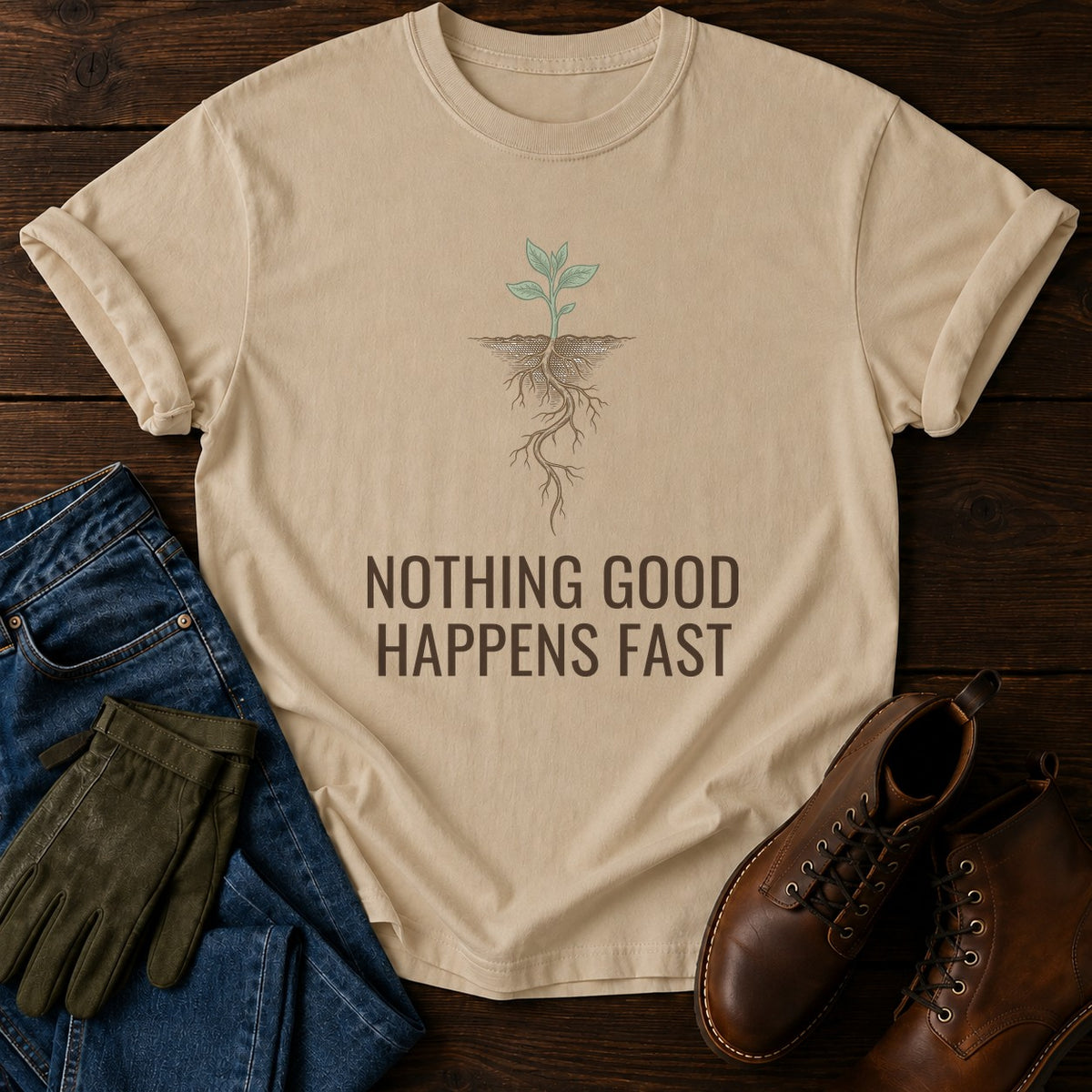 Nothing Happens Fast T-Shirt — Sandstone