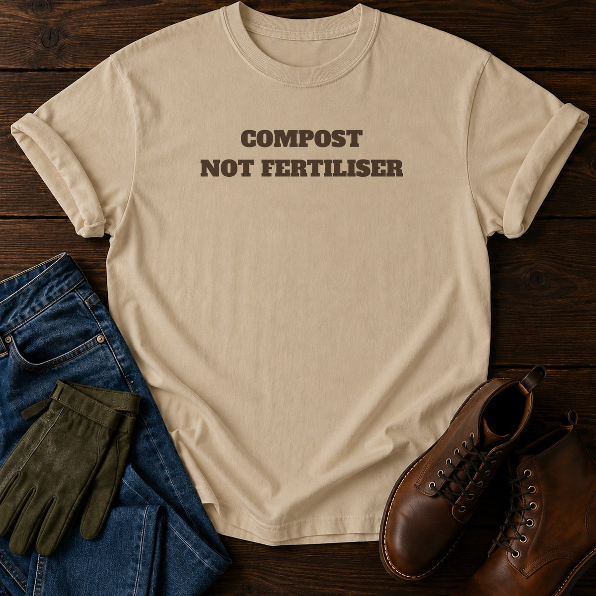 Compost Not Fertiliser T-Shirt — Sandstone