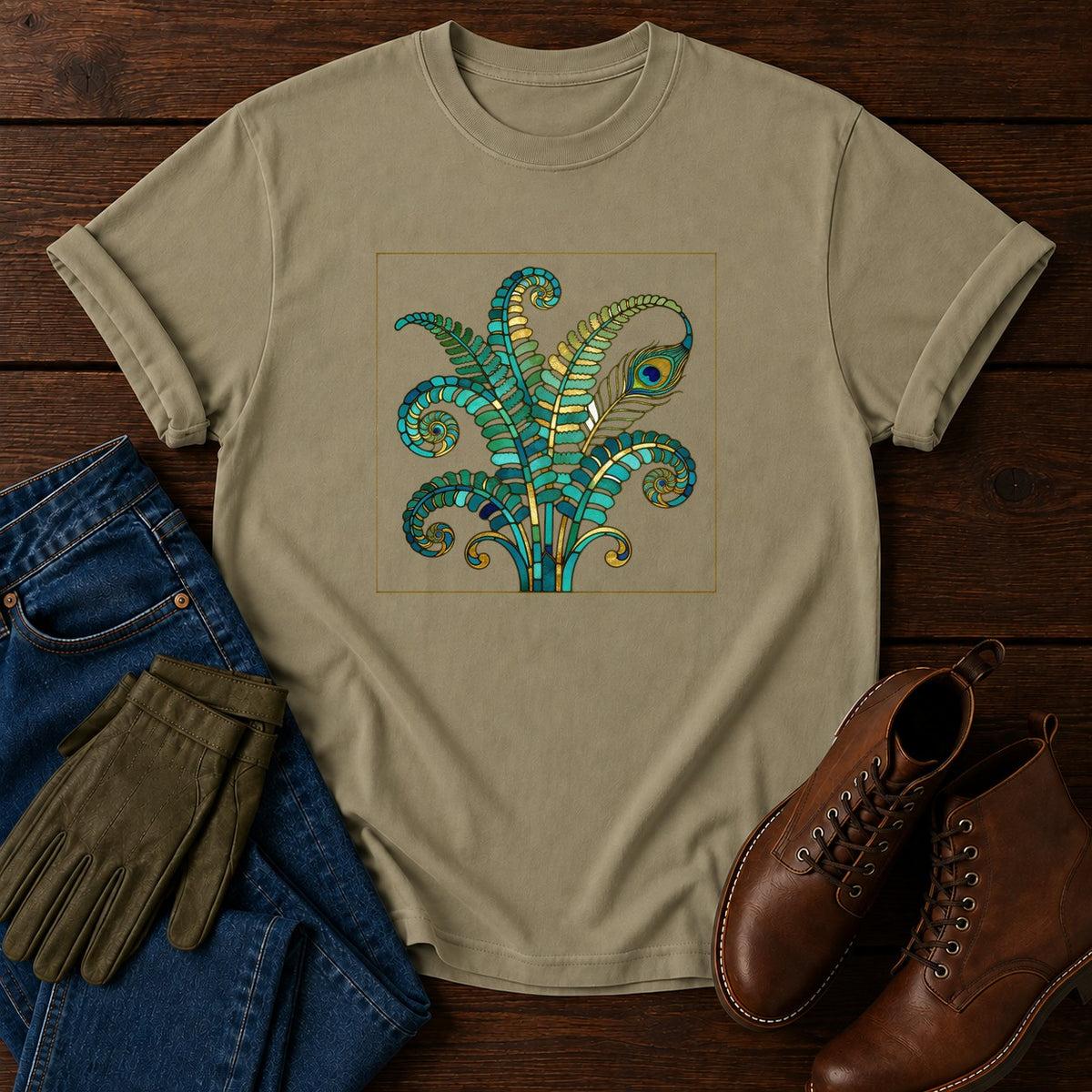 Nouveau Peacock Fern T-Shirt — Khaki