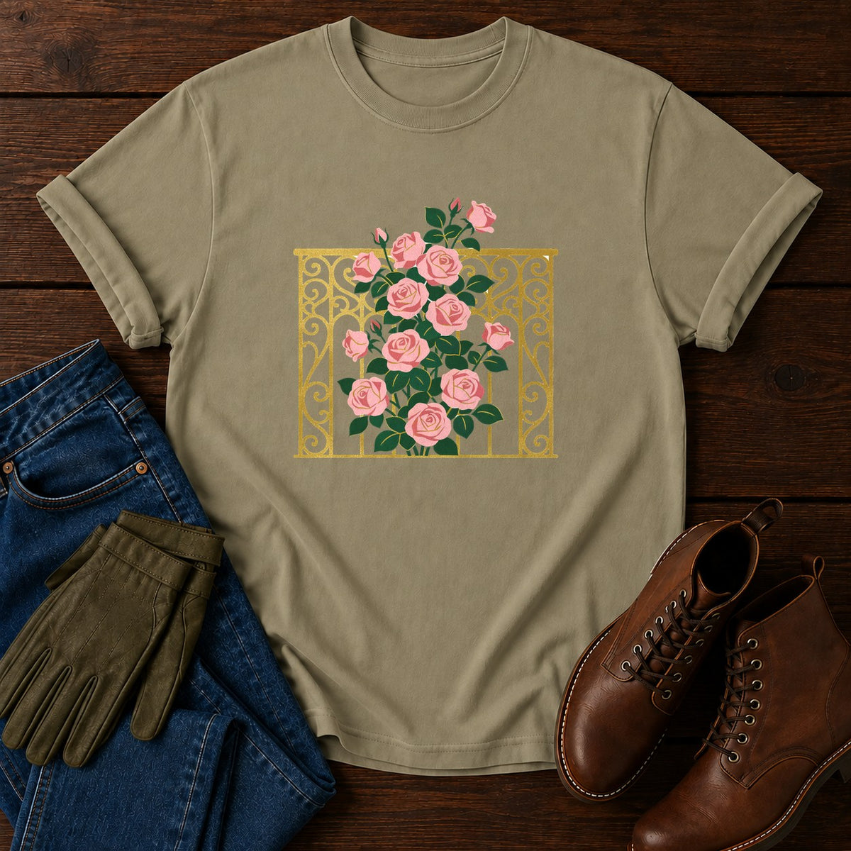 Nouveau Rose Trellis T-Shirt — Khaki