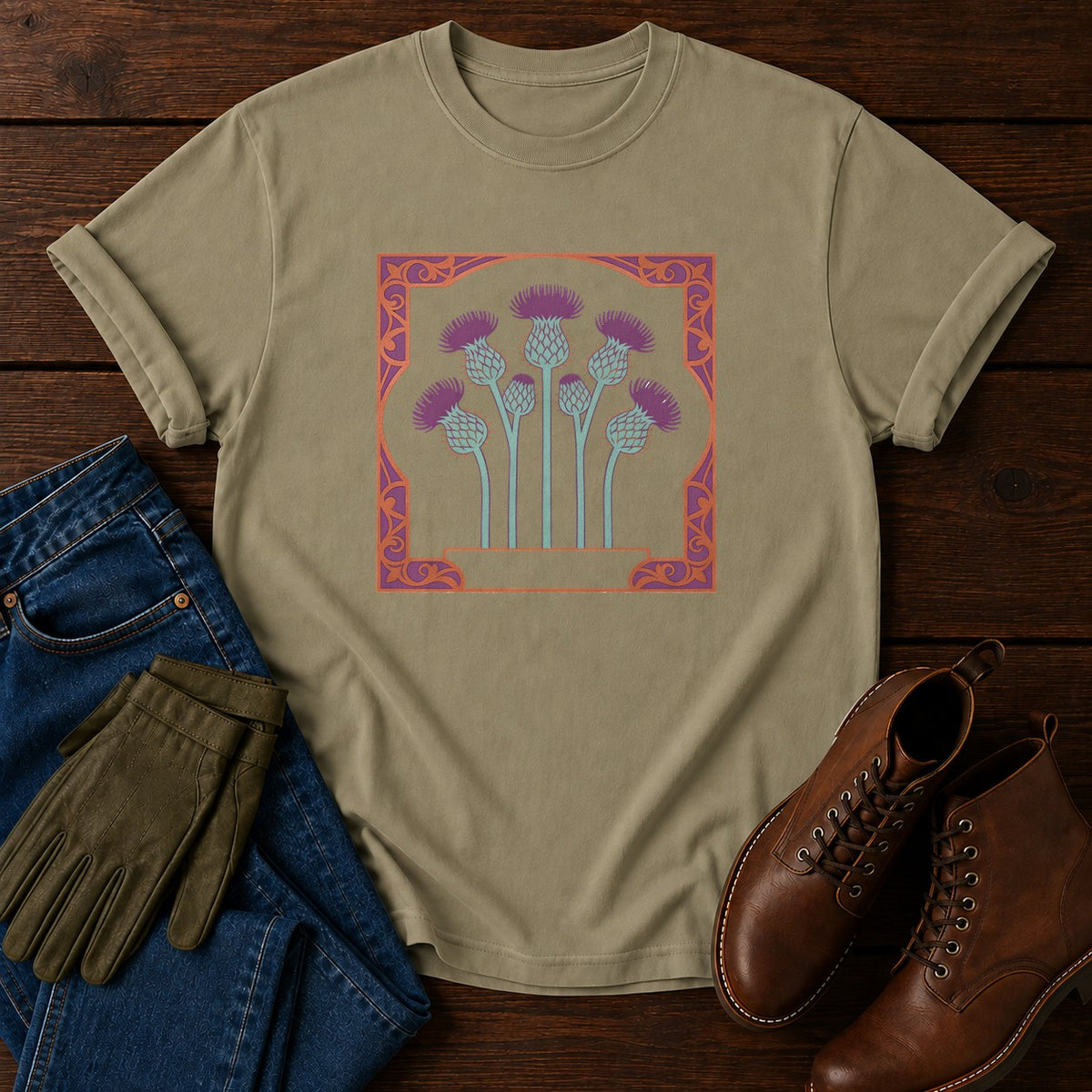 Nouveau Thistle Panel T-Shirt — Khaki