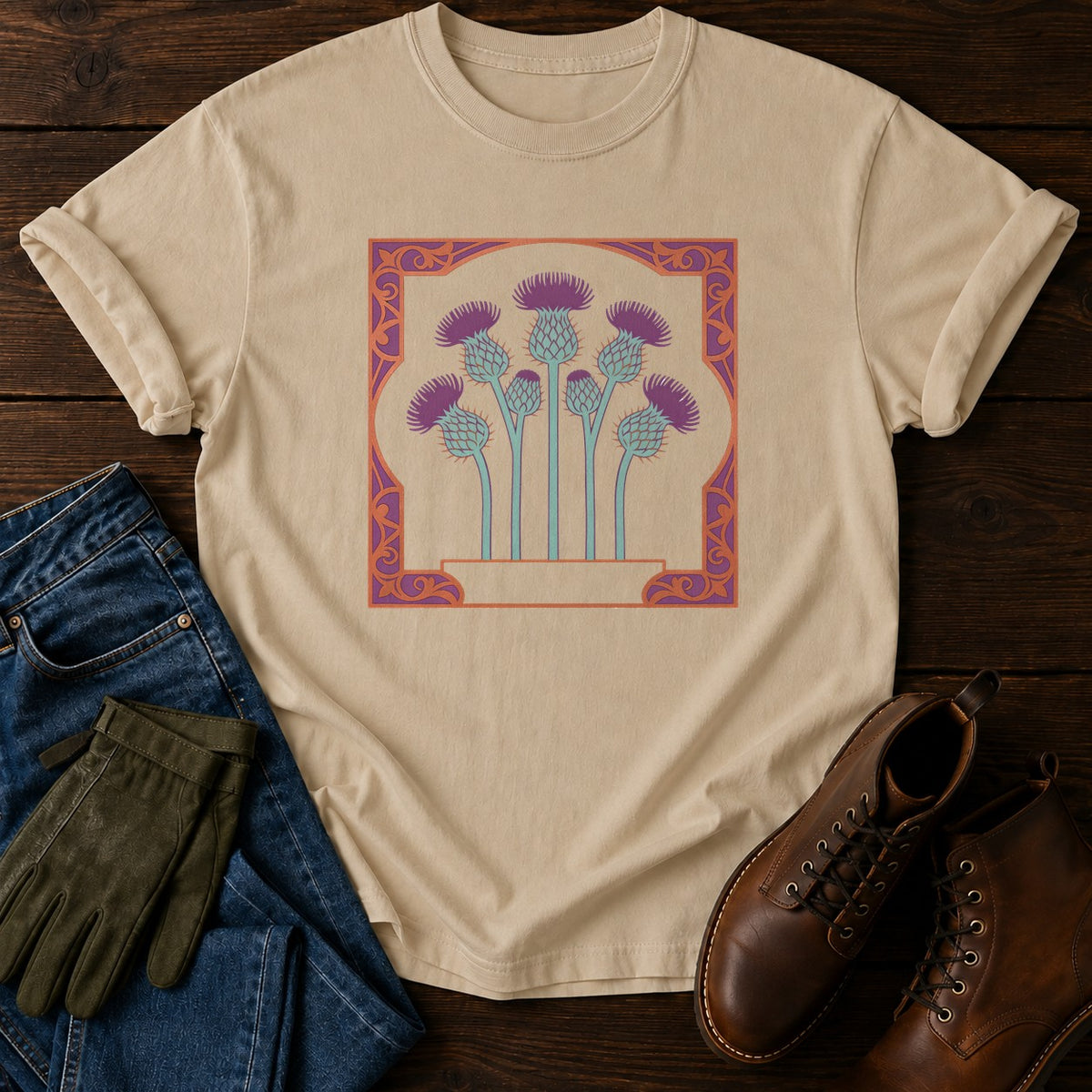 Nouveau Thistle Panel T-Shirt — Sandstone