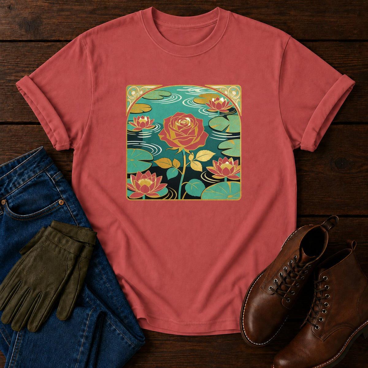 Nouveau Water Lily T-Shirt — Crimson