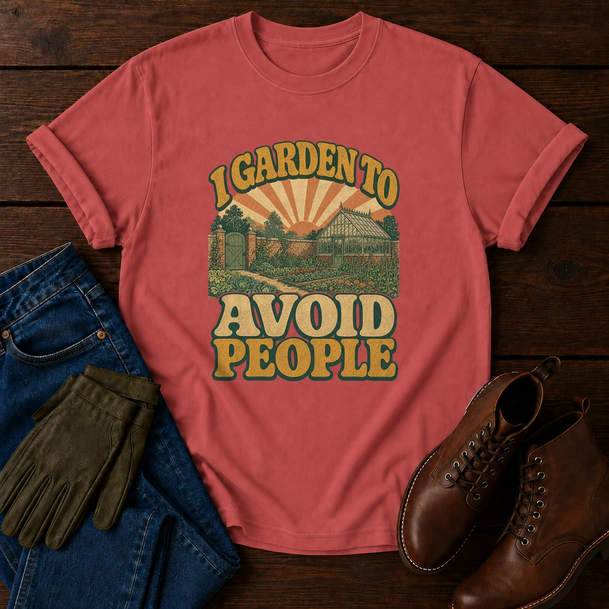 I Garden To Avoid People T-Shirt — Crimson