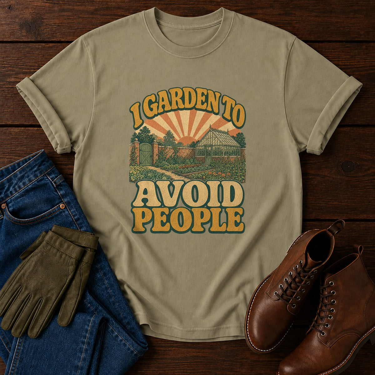I Garden To Avoid People T-Shirt — Khaki