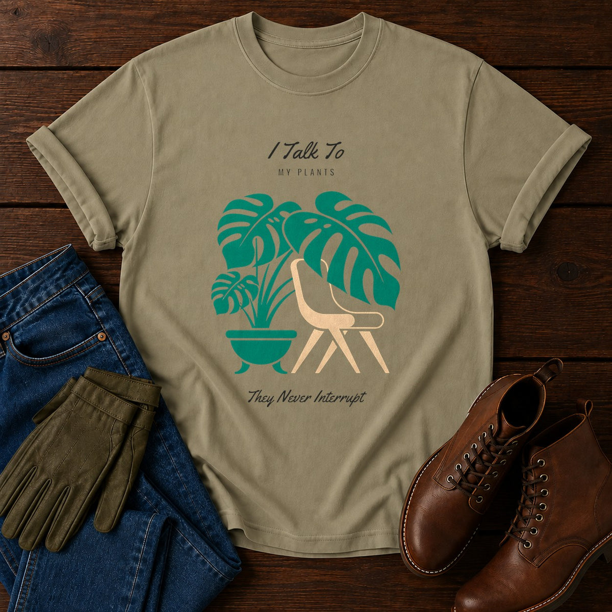 I Talk To My Plants T-Shirt — Khaki