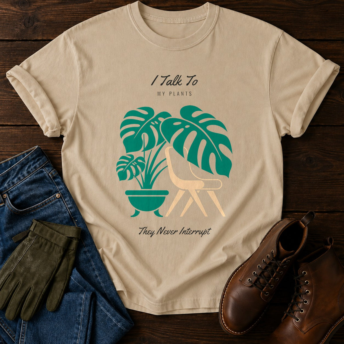 I Talk To My Plants T-Shirt — Sandstone