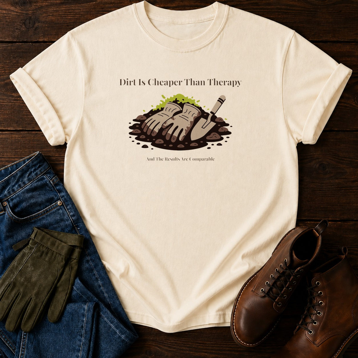 Dirt Is Cheaper Than Therapy T-Shirt — Ivory