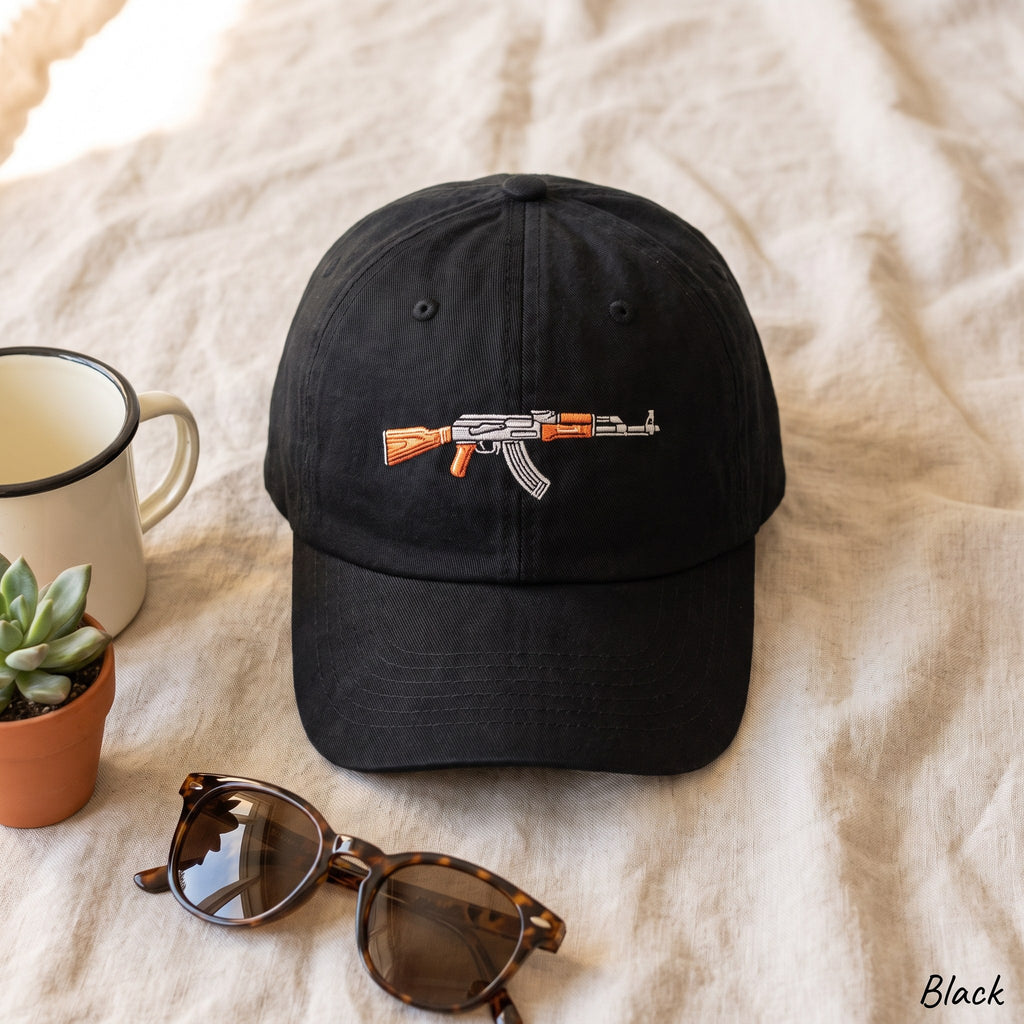 Embroidered Gamer Rifle Dad Hat, Retro FPS Skin Baseball Cap, Stitched Gaming Hat, Counter Gamer Gift Cap, Orange Rifle Embroidery Hat