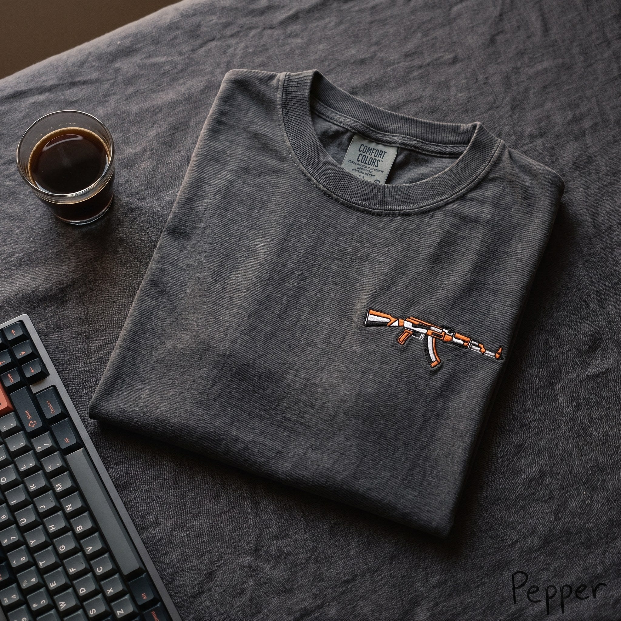 Embroidered Gamer Rifle Shirt, Retro FPS Skin Comfort Colors® Tee, Stitched Gaming Shirt, Counter Gamer Gift, Orange Rifle Embroidery Tee