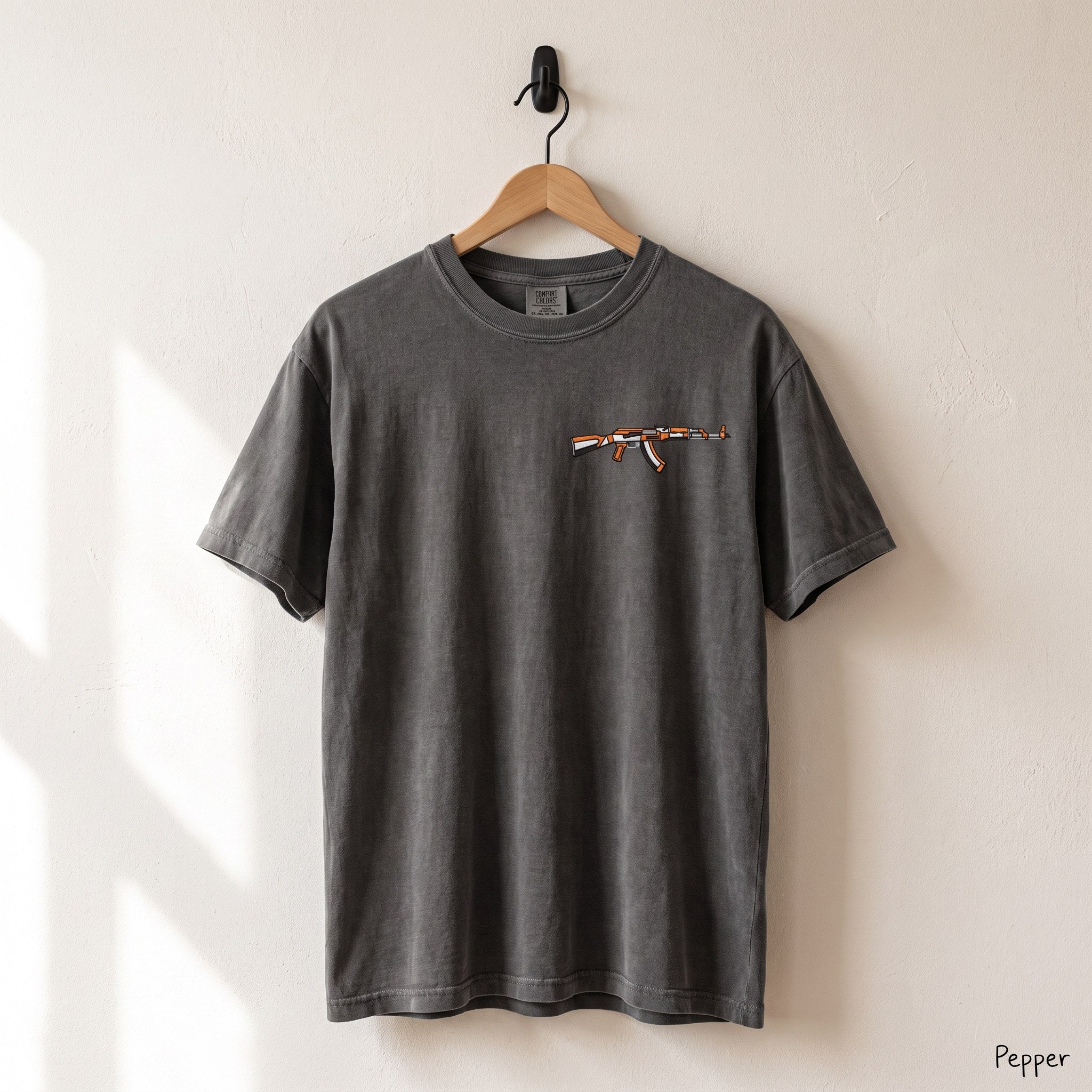 Embroidered Gamer Rifle Shirt, Retro FPS Skin Comfort Colors® Tee, Stitched Gaming Shirt, Counter Gamer Gift, Orange Rifle Embroidery Tee