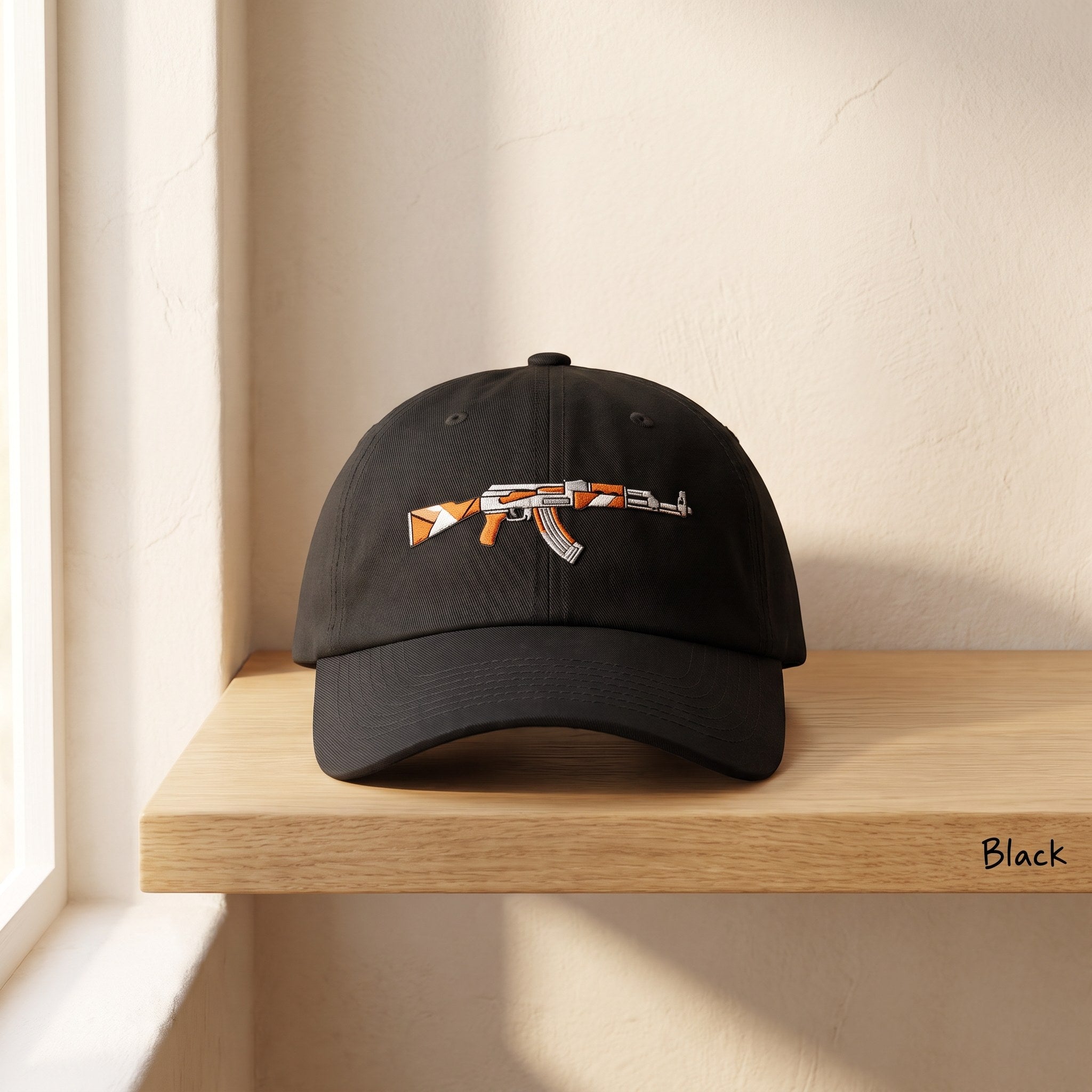Embroidered Gamer Rifle Dad Hat, Retro FPS Skin Baseball Cap, Stitched Gaming Hat, Counter Gamer Gift Cap, Orange Rifle Embroidery Hat