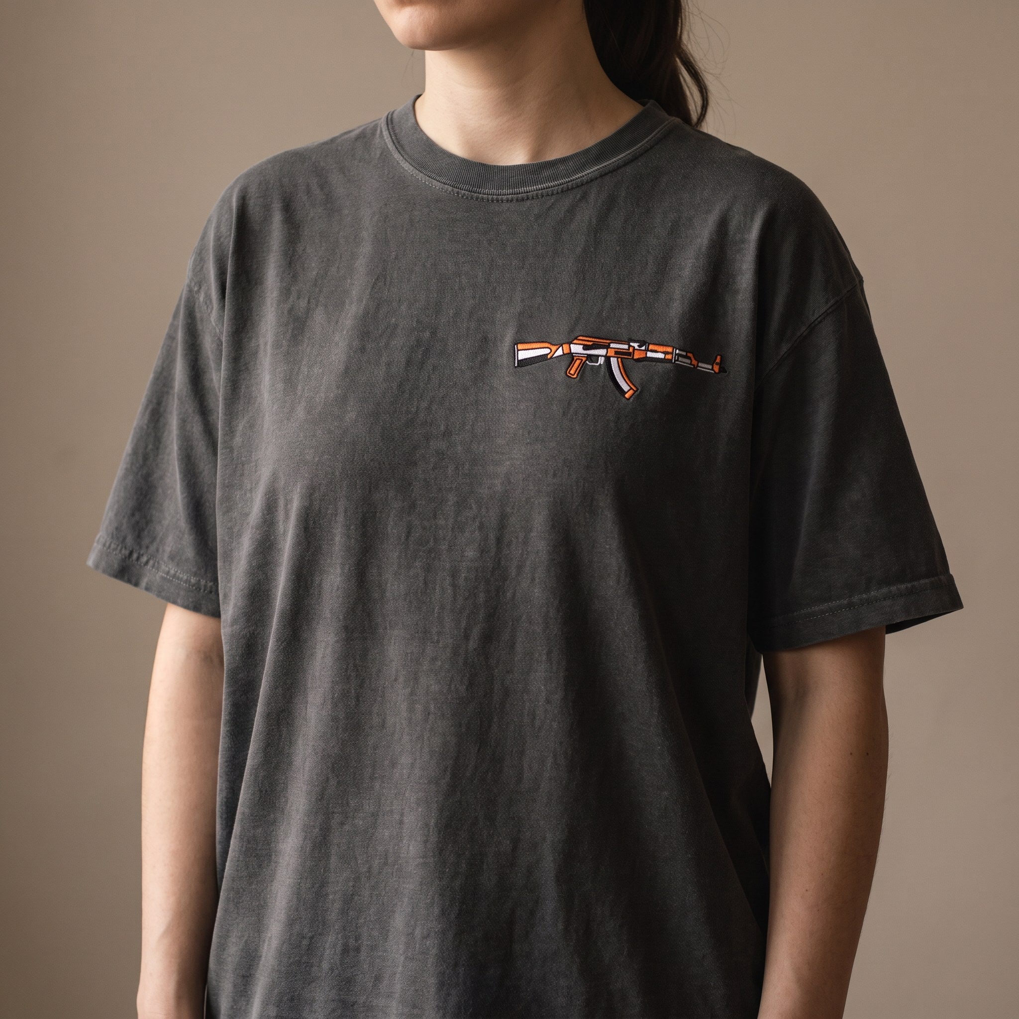 Embroidered Gamer Rifle Shirt, Retro FPS Skin Comfort Colors® Tee, Stitched Gaming Shirt, Counter Gamer Gift, Orange Rifle Embroidery Tee