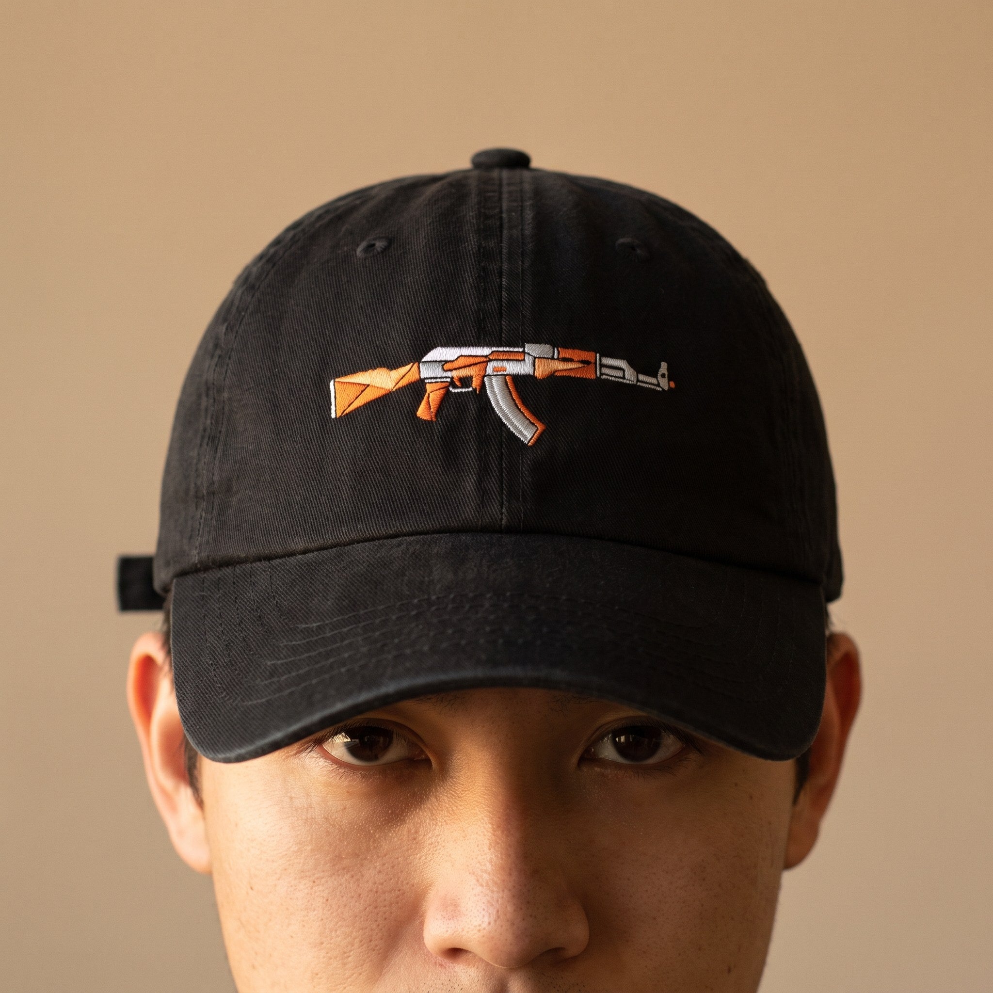 Embroidered Gamer Rifle Dad Hat, Retro FPS Skin Baseball Cap, Stitched Gaming Hat, Counter Gamer Gift Cap, Orange Rifle Embroidery Hat